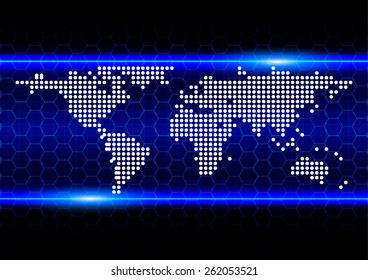 abstract blue ray and world map dot technology