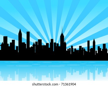 abstract blue rays background with cityscape, vector illustration