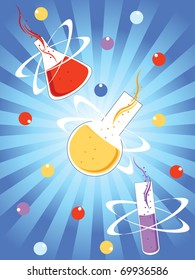 abstract blue rays background with colorful bubble, laboratory flasks