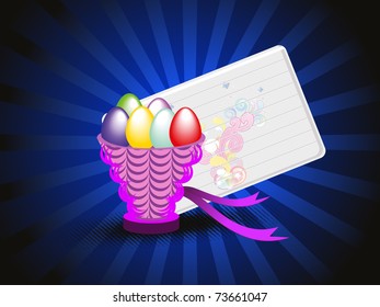 abstract blue rays background with colorful easter egg in basket, easter card
