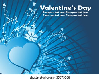 abstract blue rays background with creative floral pattern and blue heart