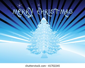 abstract blue rays background with shiny christmas tree