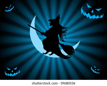 abstract blue rays background with witch, pumpkin shape