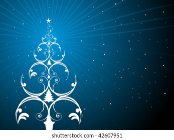 abstract blue rays background with xmas tree, illustration