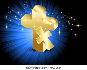 abstract blue rays, twinkle star background with set of golden cross, vector illustration