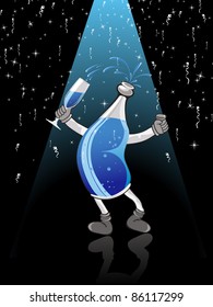 abstract blue rays, twinkle star and ribbon background with isolated comic champagne bottle holding champagne glass for party night