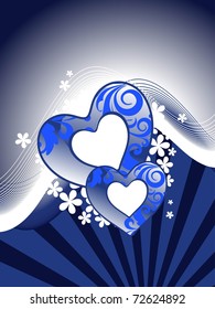 abstract blue rays, wave background with bloom and set of heart