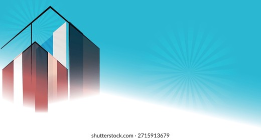 Abstractas fondo azul y rojo con flechas en un diseño de sala de interior de arquitectura 3D	