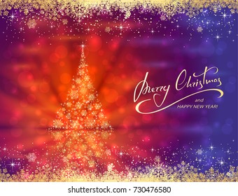 Abstract blue red background with frame and golden Christmas tree made of snowflakes, illustration.