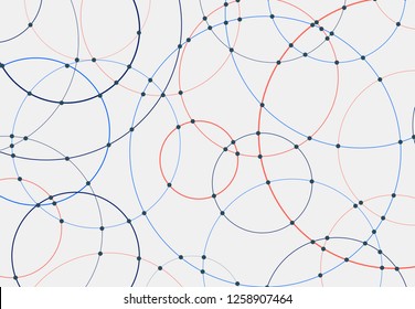 Abstract blue and red circles lines round overlay white background and connecting dots technology concept for your design. Vector Illustration