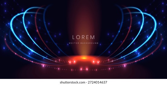 Linhas de curva azul e vermelho abstratas em fundo escuro com brilho. Fundo de raios de luz futurista. Ilustração vetorial