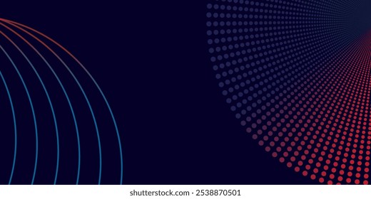 Abstrato azul e vermelho brilhante meio-tom geométrico no fundo azul escuro. Padrão moderno de linhas de círculo azul brilhante. Conceito de tecnologia futurista