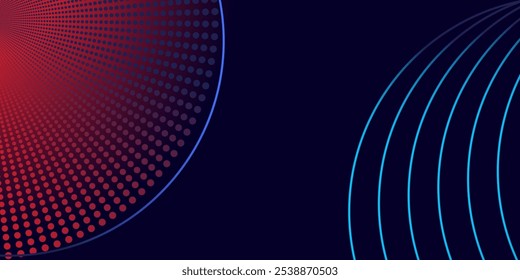 Abstractas semitono geométrico brillante azul y rojo sobre fondo azul oscuro. Moderno patrón de líneas de círculo azul brillante. Concepto de tecnología futurista