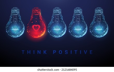 Abstract blue and red glowing light bulbs with heart shape inside. Think positive concept. Low poly style design. Geometric background. Wireframe light connection. Modern 3d graphic. Vector.