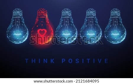 Abstract blue and red glowing light bulbs with heart shape inside. Think positive concept. Low poly style design. Geometric background. Wireframe light connection. Modern 3d graphic. Vector.