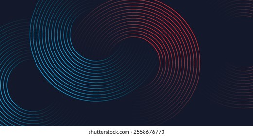 Abstract blue red gradient background with glowing geometric lines. Modern shiny circle line pattern.