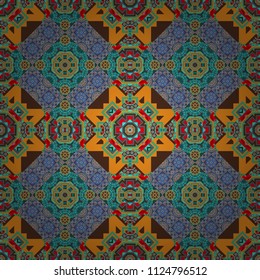 Abstract blue, red and green seamless pattern with mesh of squares. Cute mosaic. Geometric vector template.