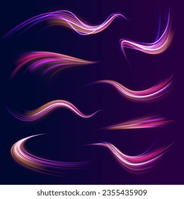 Abstract blue and red light motion background. Electric swirl lines, neon light effect. Neon blurred circles in motion. PNG vector light pink and purple lines swirling in a spiral.