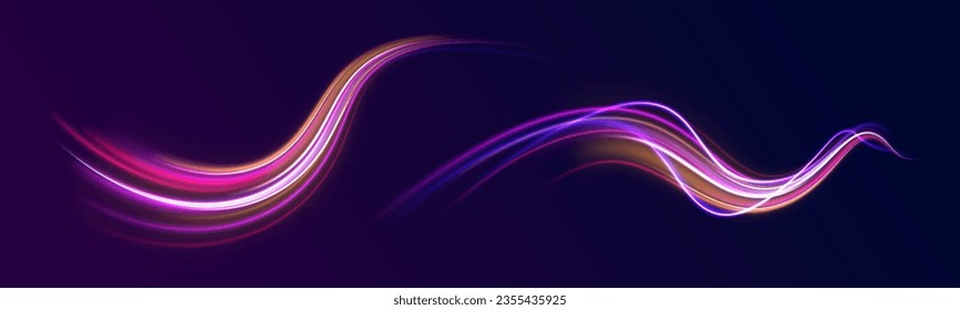 Abstract blue and red light motion background. Electric swirl lines, neon light effect. Neon blurred circles in motion. PNG vector light pink and purple lines swirling in a spiral.