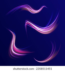 Abstract blue and red light motion background. Electric swirl lines, neon light effect. Neon blurred circles in motion. PNG vector light pink and purple lines swirling in a spiral.