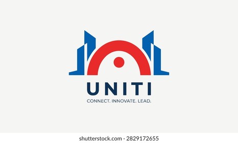 Abstract blue and red logo representing architecture and unity through stylized pillars and a connecting arch.