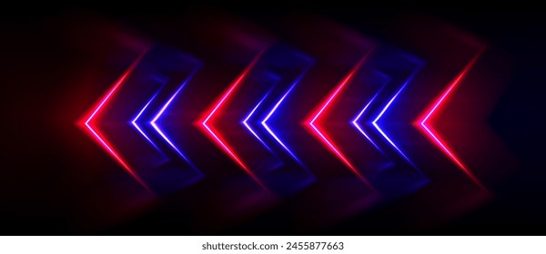 Abstract blue and red neon light arrow background. Digital tech line glow design with geometric shape speed motion sign. Dark electric banner to boost power or direction shine for cyber casino gamer.