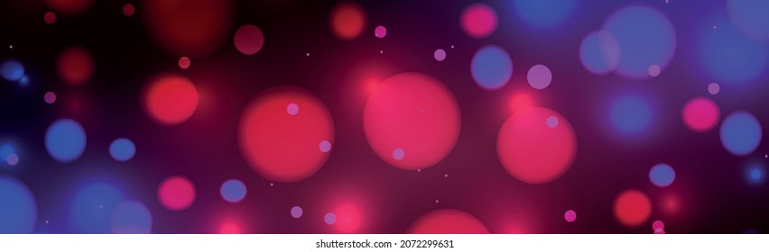 Abstract blue and red panoramic bokeh background with defocused circles and glitter. Decoration element for Christmas and New Year holidays, greeting cards, web banners, posters - Vector illustration