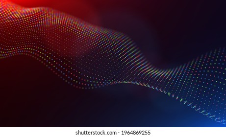 Resumen de fondo de partículas azules y rojas. Ola de flujo con paisaje de puntos. Estructura de datos digitales. Malla futura o rejilla de sonido. Visualización de puntos de patrón. Ilustración vectorial de tecnología.