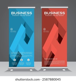 Abstract Blue and Red Roll Up Banner template, vector illustration, polygon background, stand, display, advertisement, flyer design, Vector eps 10
