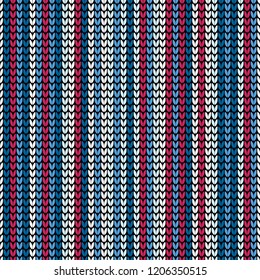 Abstract blue and red seamless knitting pattern with vertical lines background