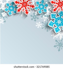 Abstract blue and red snowflakes  with 3d effect on gray background, winter or christmas concept, vector illustration, eps 10 with transparency