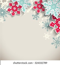 Abstract blue and red snowflakes  with 3d effect on beige background, winter or christmas concept, vector illustration, eps 10 with transparency