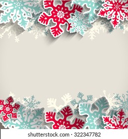 Abstract  blue and red snowflakes on beige background with 3D effect, winter concept, vector illustration, eps 10 with transparency