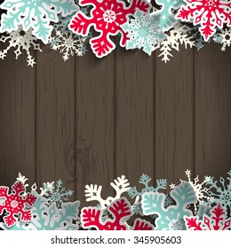 Abstract  blue and red snowflakes on dark gray wooden background with 3D effect, winter concept, vector illustration, eps 10 with transparency