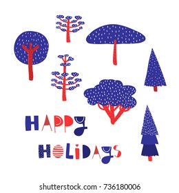 Abstract blue and red trees. Happy holidays vector greeting card 