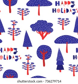 Abstract blue and red trees. Happy holidays vector seamless pattern