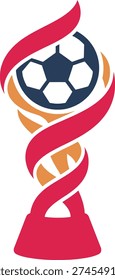 Abstract blue and red trophy cup logo with a globe, symbolizing world championship, international sports competition, and global victory.