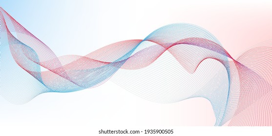 Abstract blue and red wavy dots particles lines smooth curvy shape dot fluid array on white background. Vector illustration