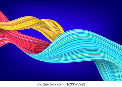 Abstract blue red yellow liquid flow design. Bright color motion paint for flyer and banner background. Futuristic business brush flow splash. Colored curve in 3d gradient template.