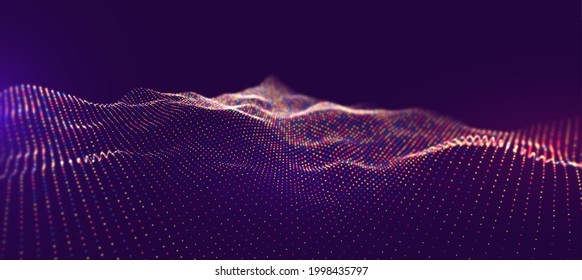 Abstract blue red and yellow particle background. Flow wave with dots landscape. Digital data structure. Future mesh or sound grid. Pattern point visualization. Technology vector illustration.