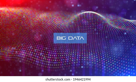 Abstract blue red and yellow particles background. Flow wave with dot landscape. Digital data structure. Future mesh or sound grid. Pattern point visualization. Technology vector illustration.
