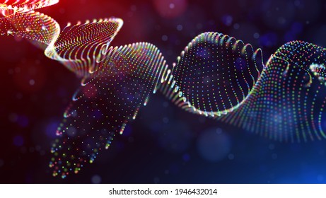 Abstract blue red and yellow particles background. Flow wave with dot landscape. Digital data structure. Future mesh or sound grid. Pattern point visualization. Technology vector illustration.