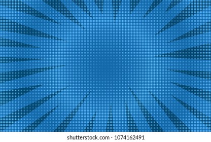 Abstract blue retro comic background with rounded halftone shadow. Cartoon turquoise backdrop with dark striped pointed corners frame for comics book, advertising design, poster, print