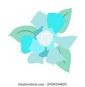 Abstract blue rose head in flat design. Blossom with swirl, petals and leaves. Vector illustration isolated.