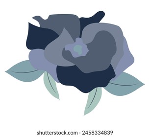 Abstractas cabeza de rosa azul en diseño plano. Flor de peonía con hojas en primer plano. Ilustración vectorial aislada.