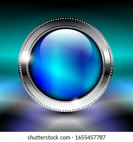 Abstract blue round background with a textured silver frame. Vector illustration