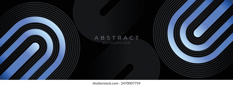 Abstrakte blaue runde geometrische auf dunklem Hintergrund. Glänzend blaue graue diagonale Streifen Linien. Modernes Grafikdesign. Futuristisches Technologiekonzept. Anzug für Poster, Cover, Banner, Präsentation