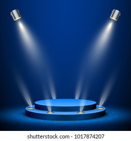 Abstract blue round podium with backlight, vector background