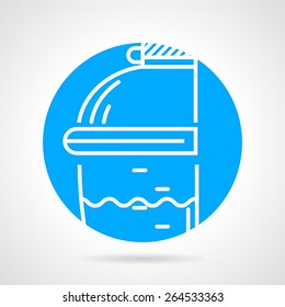 Abstract blue round vector icon with white line sport supplements shake bottle for dieting athlete on gray background.