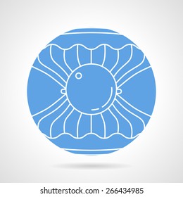 Abstract blue round vector icon with white line opened scallop with pearl on gray background. Underwater creatures